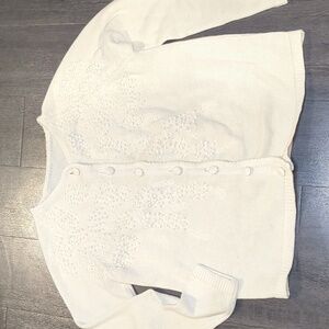 Vintage 60s Cream Cardigan Sweater Grape Vine Pattern Spring Cover Up SZ M